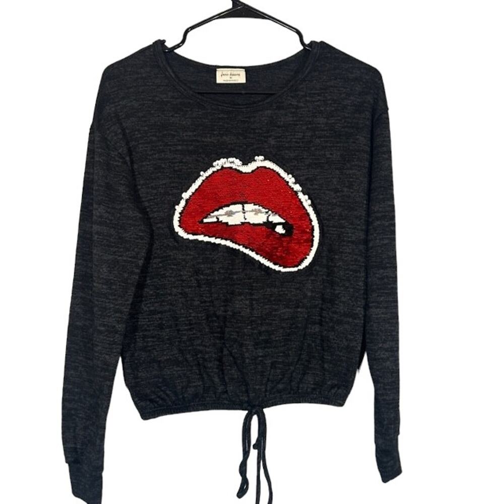 Free Kisses Womens Black Sequin Lips Long Sleeve Adjustable Waist Sweatshirt Med